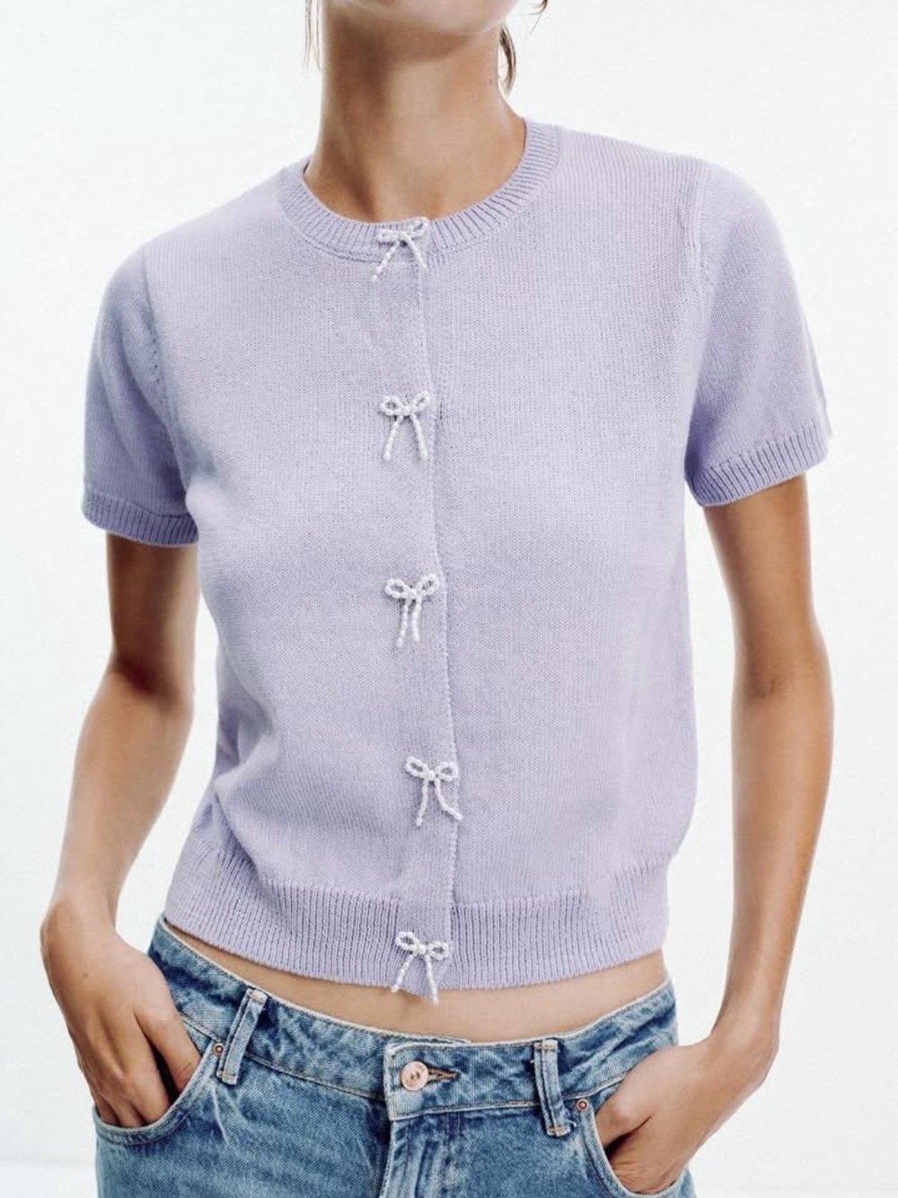 Zara Lavender Short-Sleeve Bow Front Cardigan
